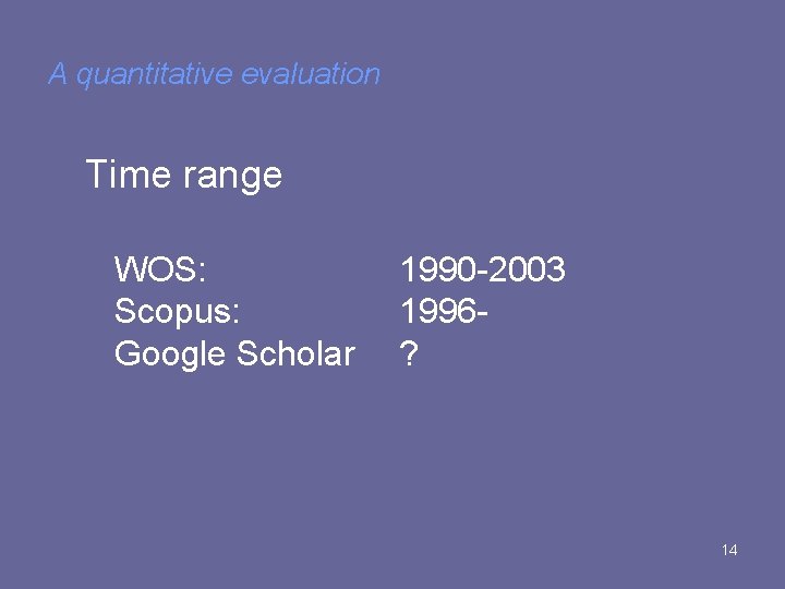 A quantitative evaluation Time range WOS: Scopus: Google Scholar 1990 -2003 1996? 14 