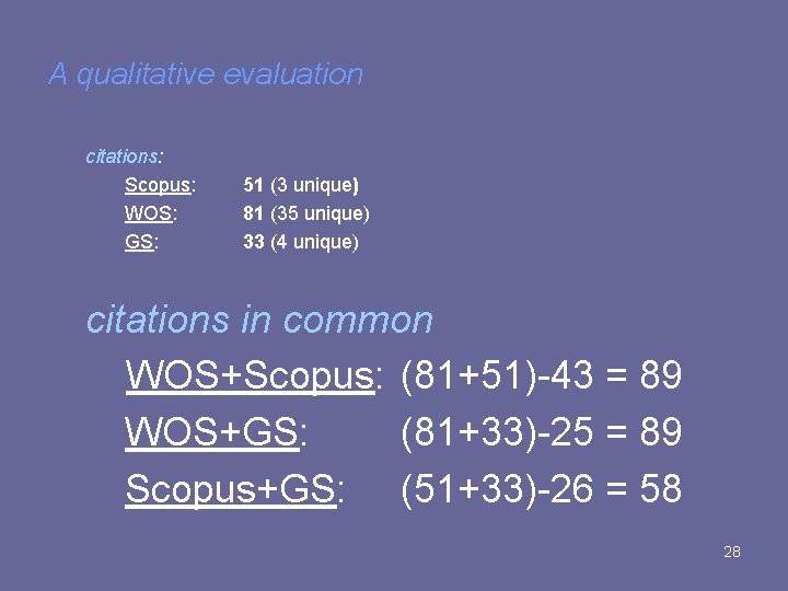 A qualitative evaluation citations: Scopus: WOS: GS: 51 (3 unique) 81 (35 unique) 33