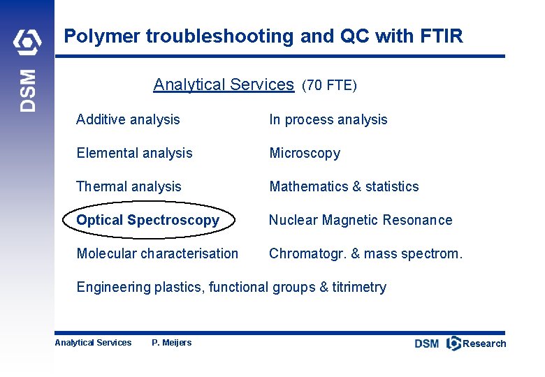 Polymer troubleshooting and QC with FTIR Analytical Services (70 FTE) Additive analysis In process