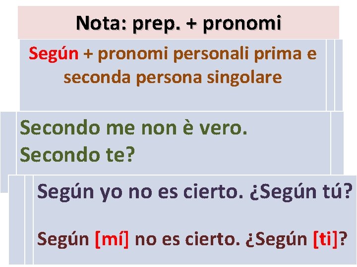 Nota: prep. + pronomi Según + pronomi personali prima e seconda persona singolare Secondo