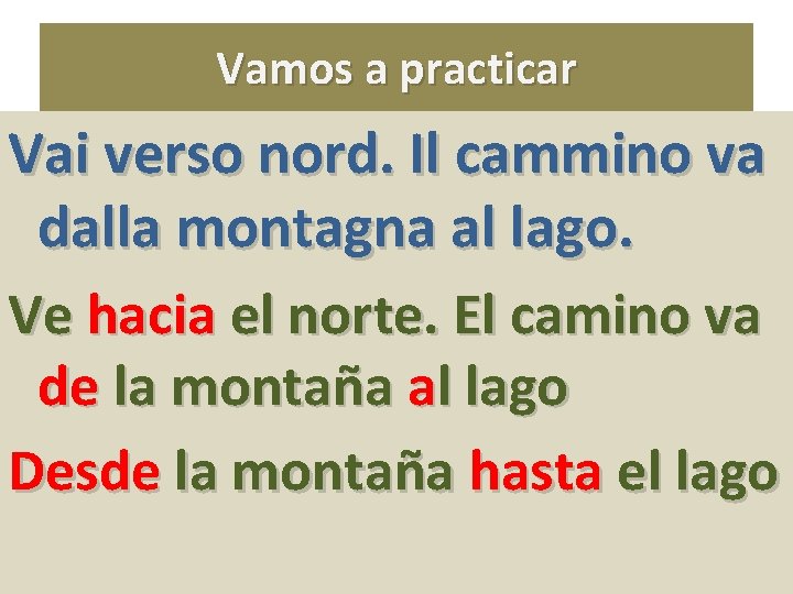 Vamos a practicar Vai verso nord. Il cammino va dalla montagna al lago. Ve