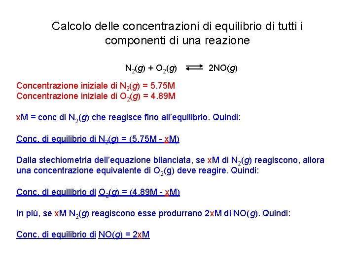 Calcolo delle concentrazioni di equilibrio di tutti i componenti di una reazione N 2(g)