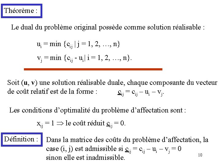 Théorème : Le dual du problème original possède comme solution réalisable : ui =