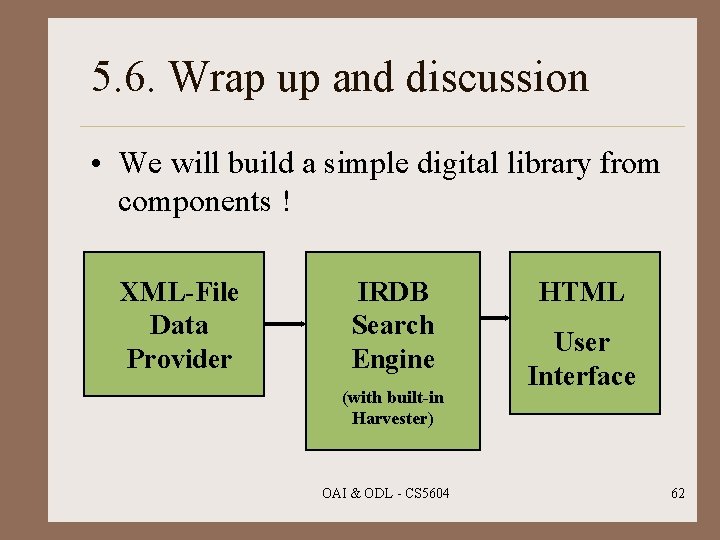 5. 6. Wrap up and discussion • We will build a simple digital library