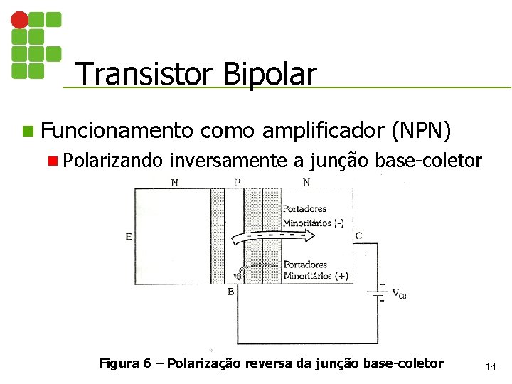 Transistor Bipolar n Funcionamento n Polarizando como amplificador (NPN) inversamente a junção base-coletor Figura