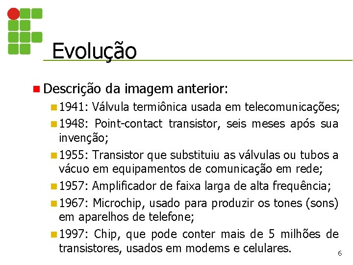 Evolução n Descrição n 1941: da imagem anterior: Válvula termiônica usada em telecomunicações; n