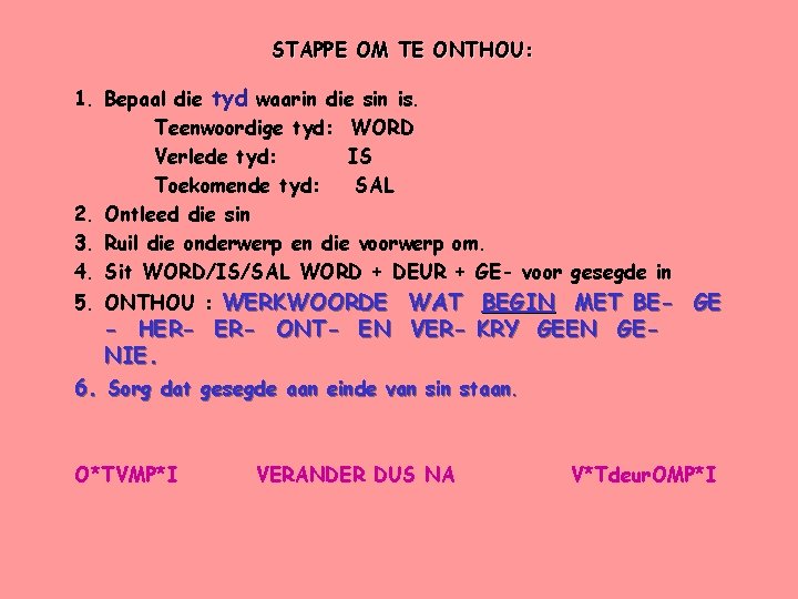 STAPPE OM TE ONTHOU: 1. Bepaal die tyd waarin die sin is. Teenwoordige tyd: