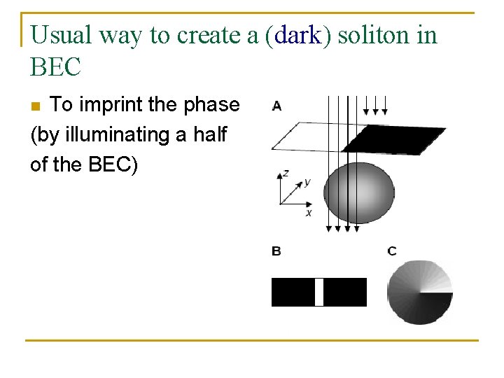 Usual way to create a (dark) soliton in BEC To imprint the phase (by