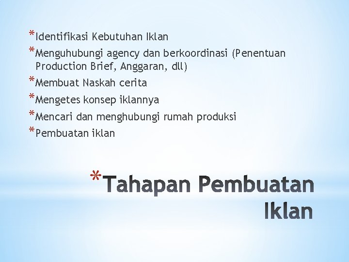 *Identifikasi Kebutuhan Iklan *Menguhubungi agency dan berkoordinasi (Penentuan Production Brief, Anggaran, dll) *Membuat Naskah