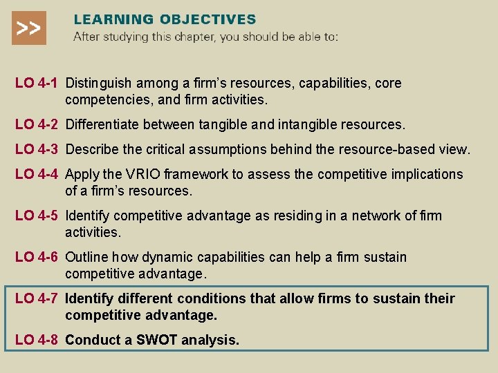 LO 4 -1 Distinguish among a firm’s resources, capabilities, core competencies, and firm activities.