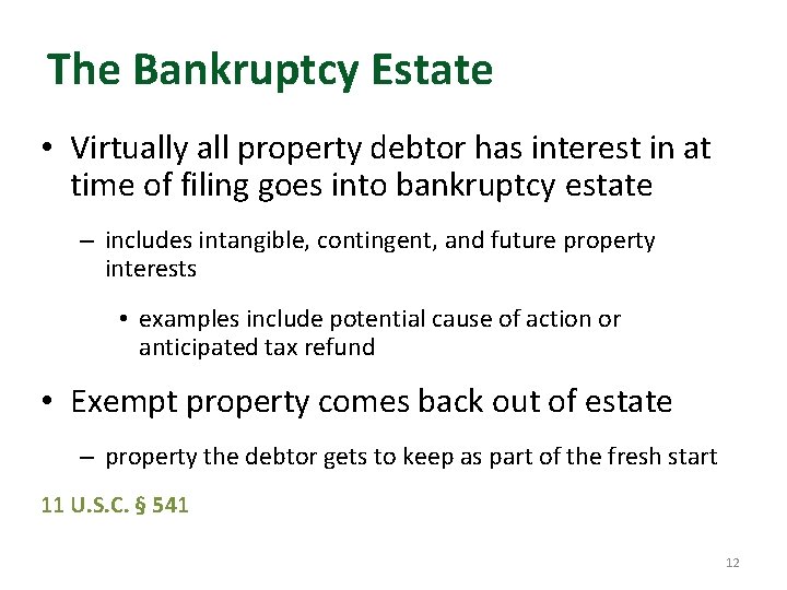 The Bankruptcy Estate • Virtually all property debtor has interest in at time of