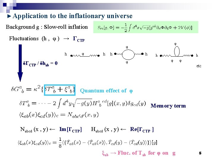 Application to the inflationary universe Background g : Slow-roll inflation Fluctuations (h , φ