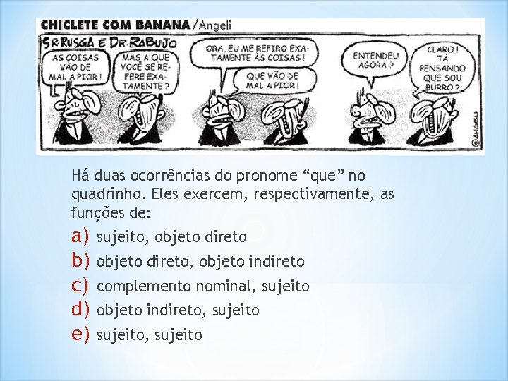 Há duas ocorrências do pronome “que” no quadrinho. Eles exercem, respectivamente, as funções de: