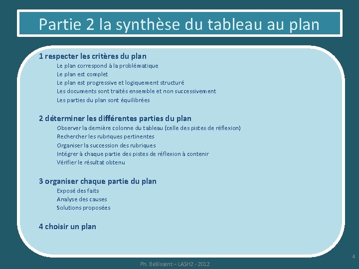 Partie 2 la synthèse du tableau au plan 1 respecter les critères du plan