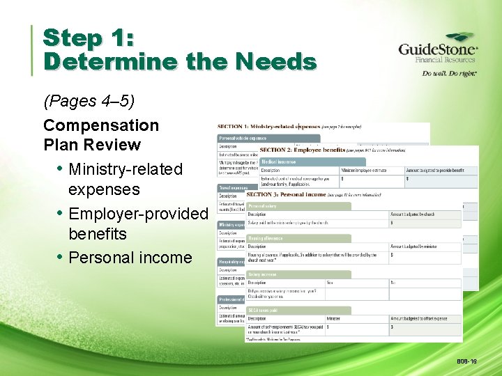 Step 1: Determine the Needs (Pages 4– 5) Compensation Plan Review • Ministry-related expenses