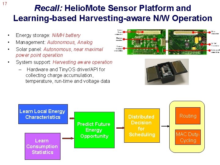 17 Recall: Helio. Mote Sensor Platform and Learning-based Harvesting-aware N/W Operation • • Energy