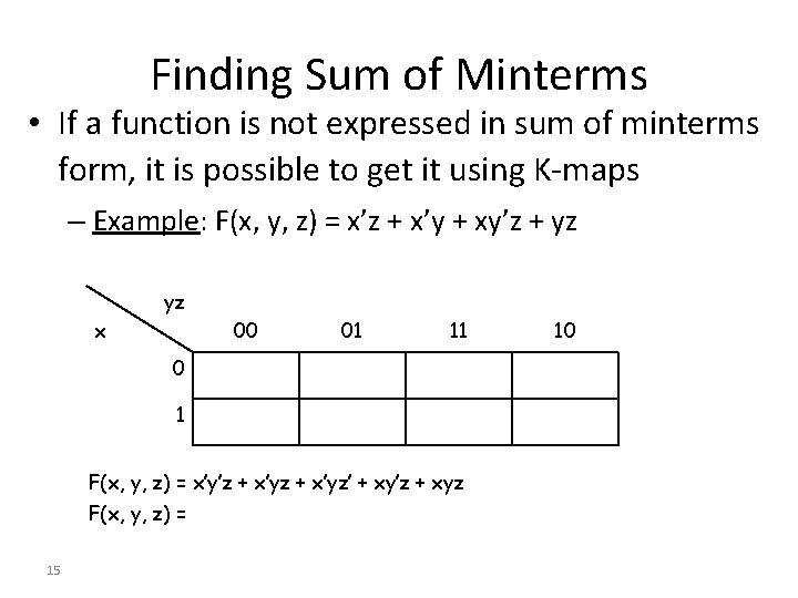 Finding Sum of Minterms • If a function is not expressed in sum of