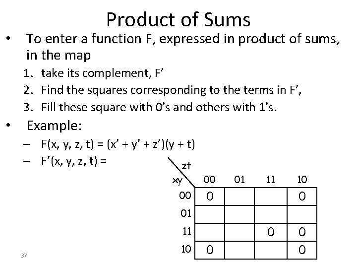  • Product of Sums To enter a function F, expressed in product of