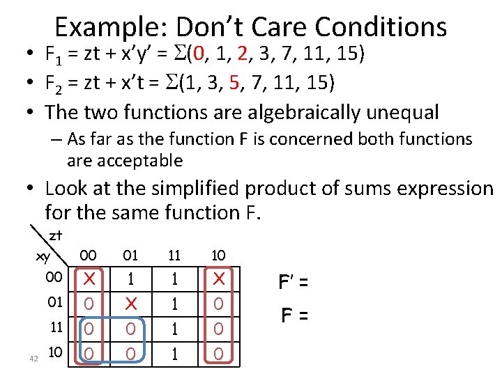 Example: Don’t Care Conditions • F 1 = zt + x’y’ = (0, 1,