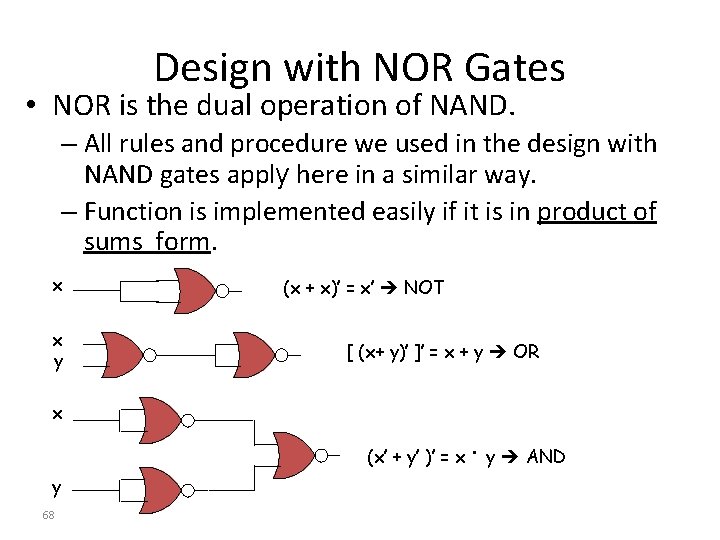 Design with NOR Gates • NOR is the dual operation of NAND. – All