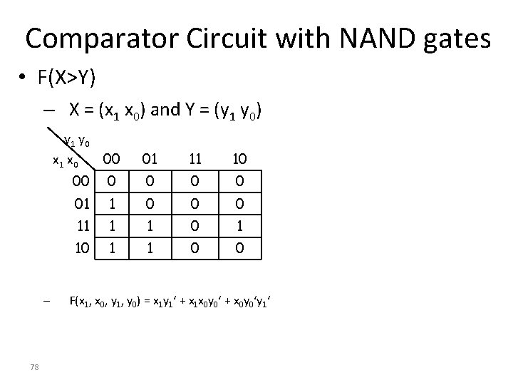 Comparator Circuit with NAND gates • F(X>Y) – X = (x 1 x 0) Comparator Circuit with NAND gates • F(X>Y) – X = (x 1 x 0)