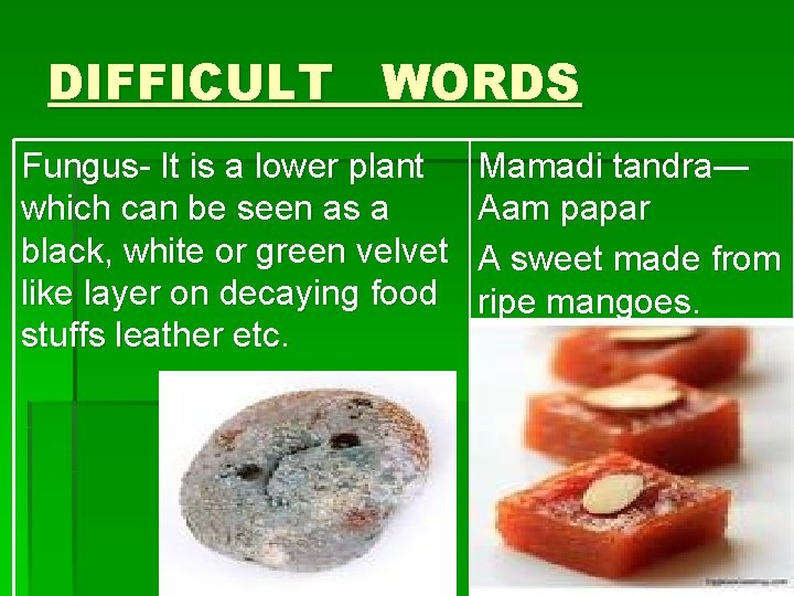 DIFFICULT WORDS Fungus- It is a lower plant which can be seen as a