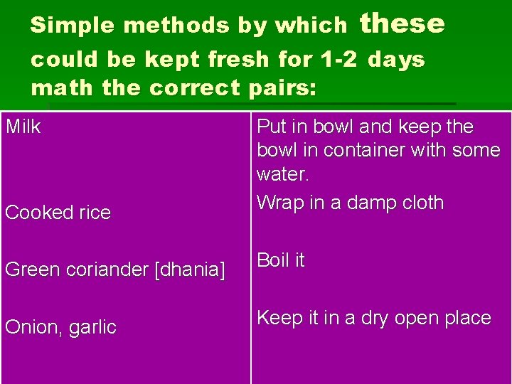 Simple methods by which these could be kept fresh for 1 -2 days math