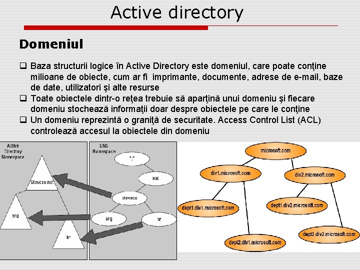 Active directory Domeniul q Baza structurii logice în Active Directory este domeniul, care poate