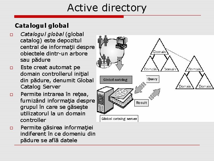 Active directory Catalogul global (global catalog) este depozitul central de informaţii despre obiectele dintr-un