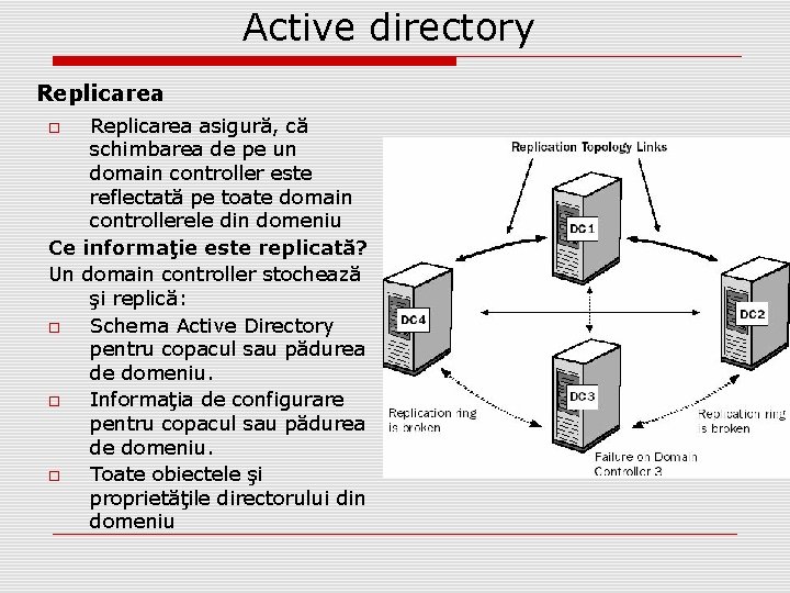Active directory Replicarea asigură, că schimbarea de pe un domain controller este reflectată pe