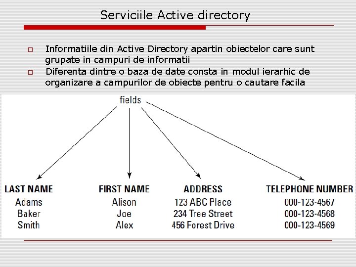 Serviciile Active directory Informatiile din Active Directory apartin obiectelor care sunt grupate in campuri