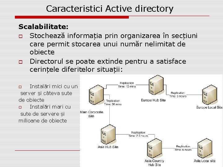 Caracteristici Active directory Scalabilitate: Stochează informația prin organizarea în secțiuni care permit stocarea unui