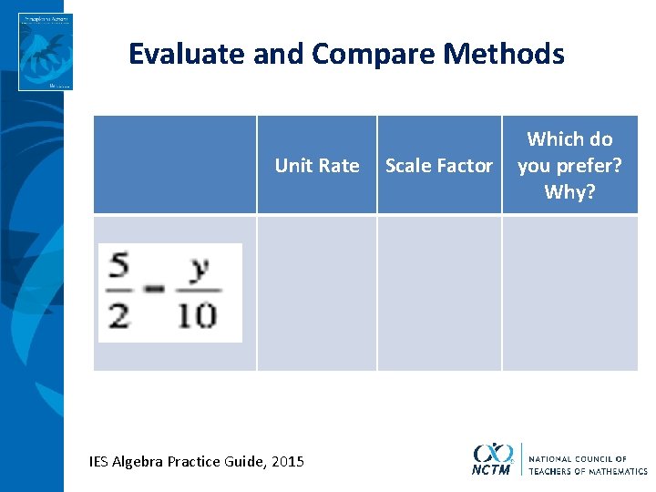 Evaluate and Compare Methods Unit Rate IES Algebra Practice Guide, 2015 Scale Factor Which