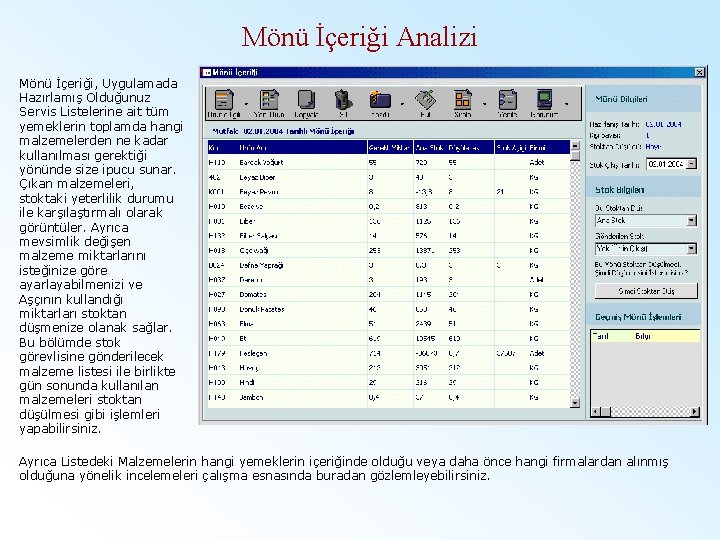 Mönü İçeriği Analizi Mönü İçeriği, Uygulamada Hazırlamış Olduğunuz Servis Listelerine ait tüm yemeklerin toplamda