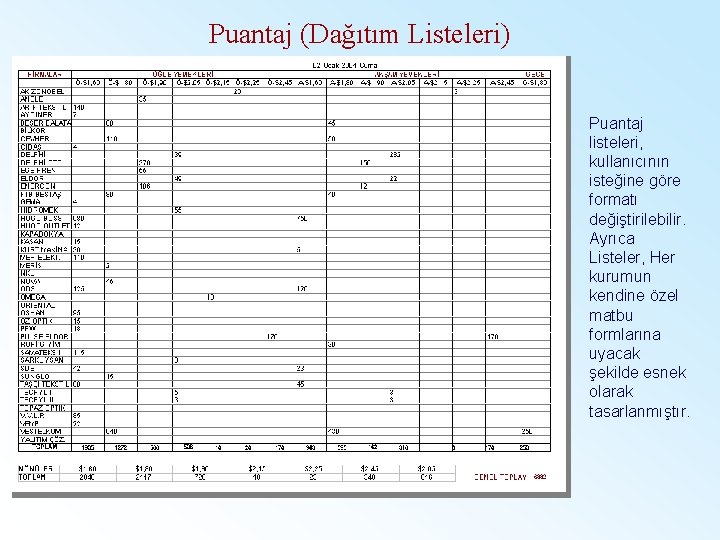 Puantaj (Dağıtım Listeleri) Puantaj listeleri, kullanıcının isteğine göre formatı değiştirilebilir. Ayrıca Listeler, Her kurumun