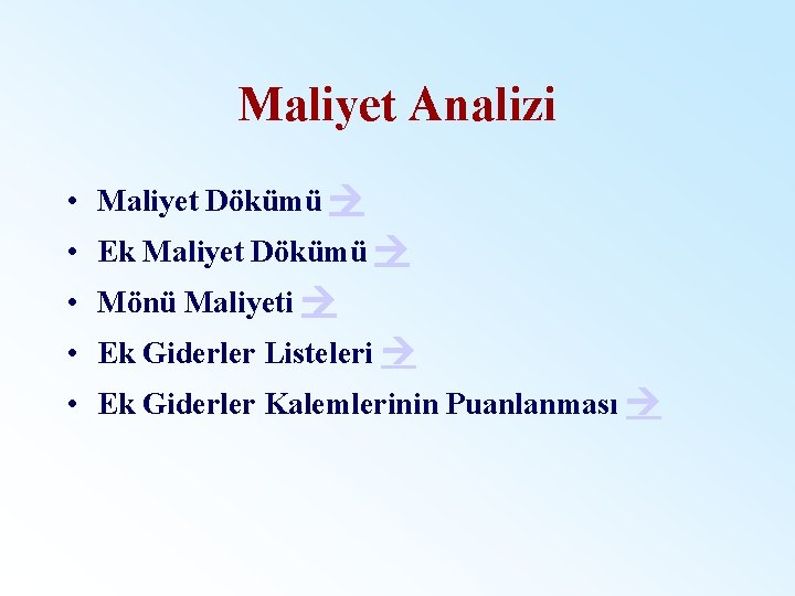 Maliyet Analizi • Maliyet Dökümü • Ek Maliyet Dökümü • Mönü Maliyeti • Ek