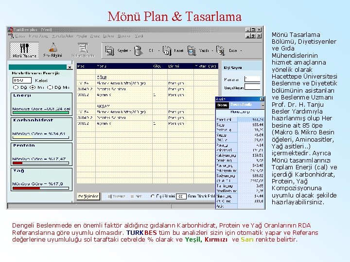 Mönü Plan & Tasarlama Mönü Tasarlama Bölümü, Diyetisyenler ve Gıda Mühendislerinin hizmet amaçlarına yönelik