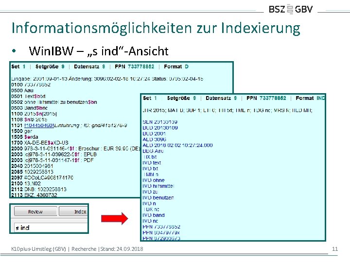 Informationsmöglichkeiten zur Indexierung • Win. IBW – „s ind“-Ansicht K 10 plus-Umstieg (GBV) |