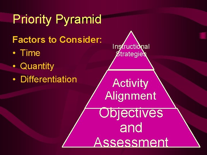 Priority Pyramid Factors to Consider: • Time • Quantity • Differentiation Instructional Strategies Activity