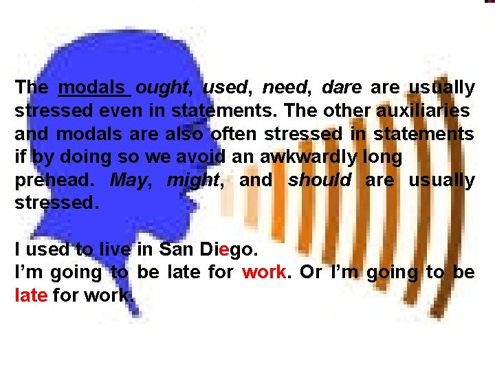 The modals ought, used, need, dare usually stressed even in statements. The other auxiliaries