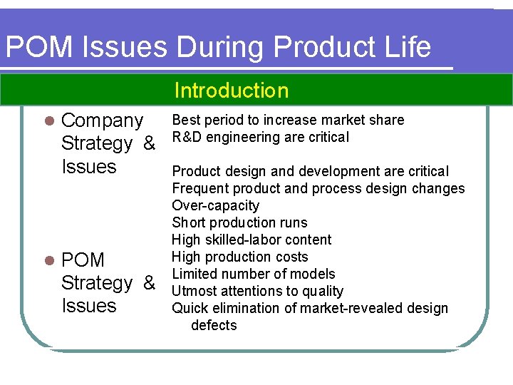 POM Issues During Product Life Introduction l l Company Strategy & Issues POM Strategy