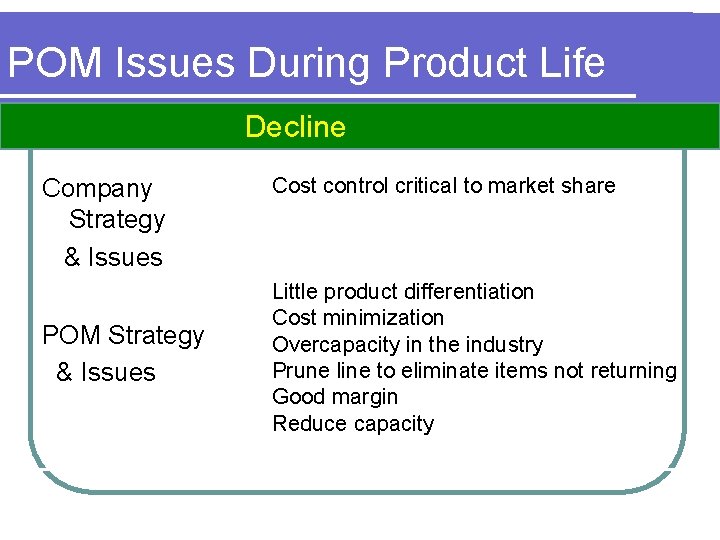 POM Issues During Product Life Decline Company Strategy & Issues POM Strategy & Issues