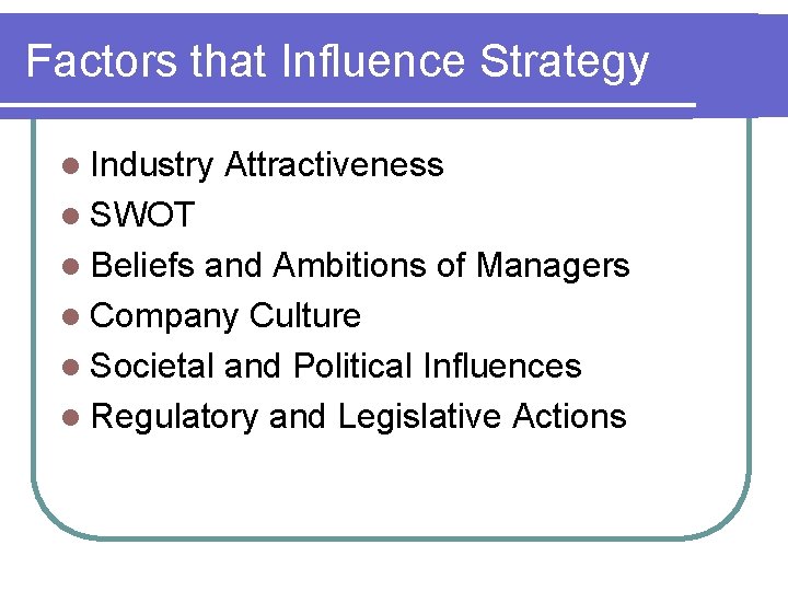 Factors that Influence Strategy l Industry Attractiveness l SWOT l Beliefs and Ambitions of