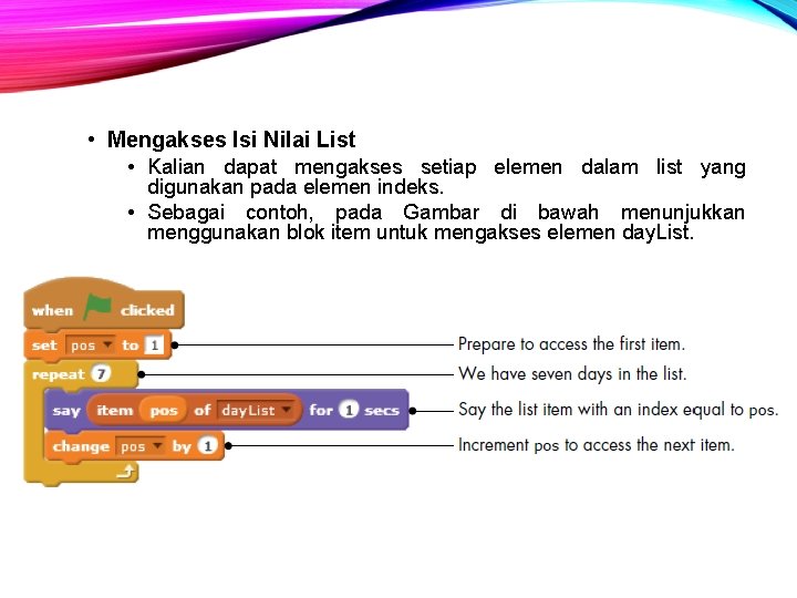  • Mengakses Isi Nilai List • Kalian dapat mengakses setiap elemen dalam list