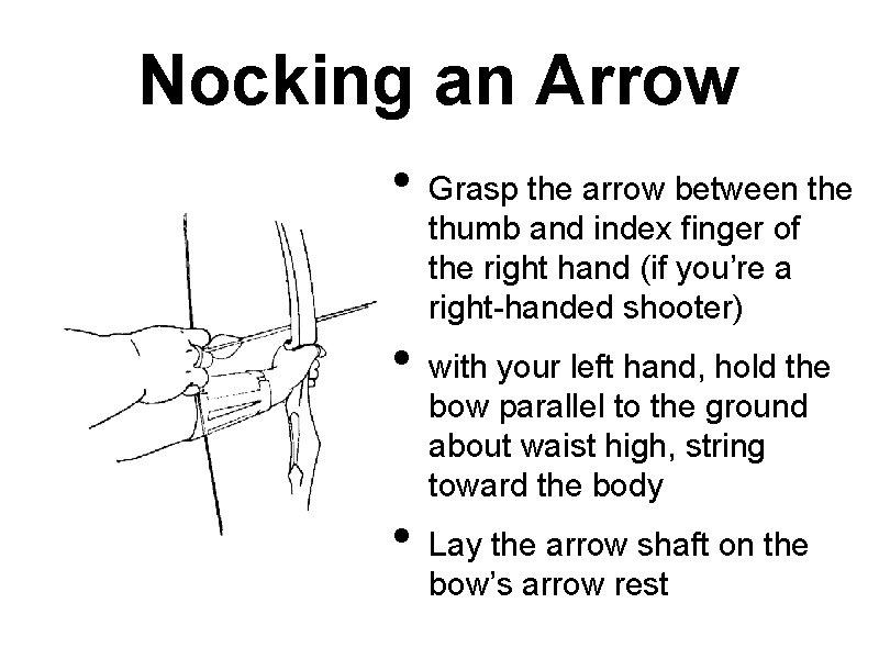 Nocking an Arrow • • • Grasp the arrow between the thumb and index