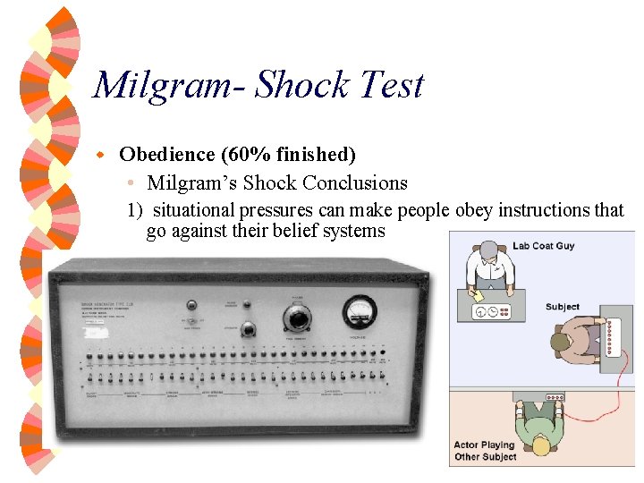 Milgram- Shock Test w Obedience (60% finished) • Milgram’s Shock Conclusions 1) situational pressures