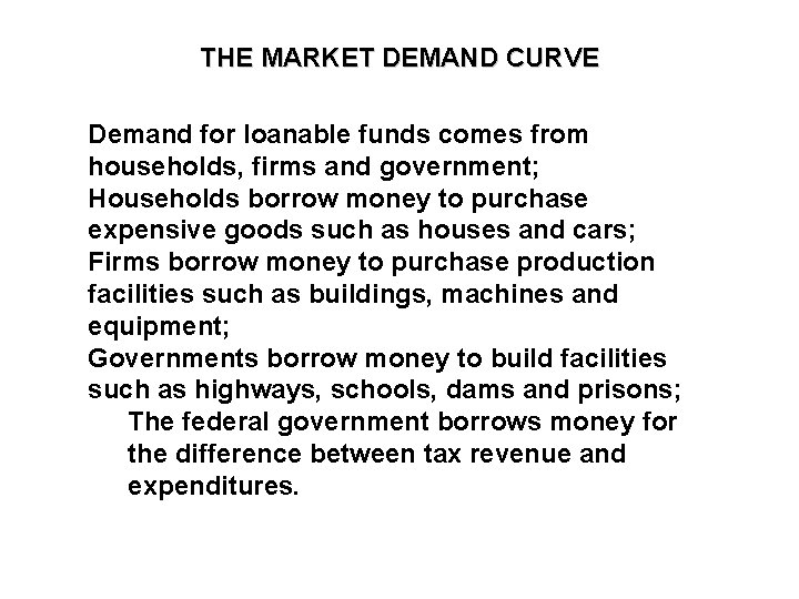 THE MARKET DEMAND CURVE Demand for loanable funds comes from households, firms and government;