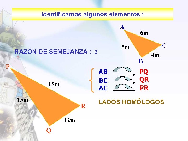 Identificamos algunos elementos : A 6 m C 5 m RAZÓN DE SEMEJANZA :