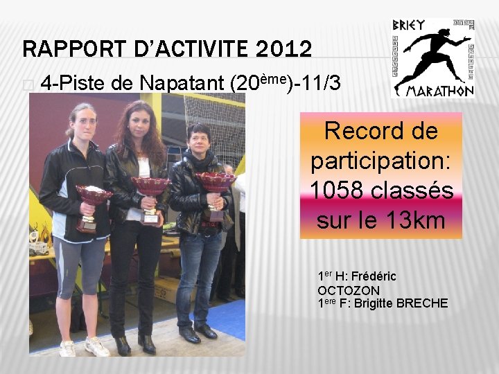 RAPPORT D’ACTIVITE 2012 � 4 -Piste de Napatant (20ème)-11/3 Record de participation: 1058 classés