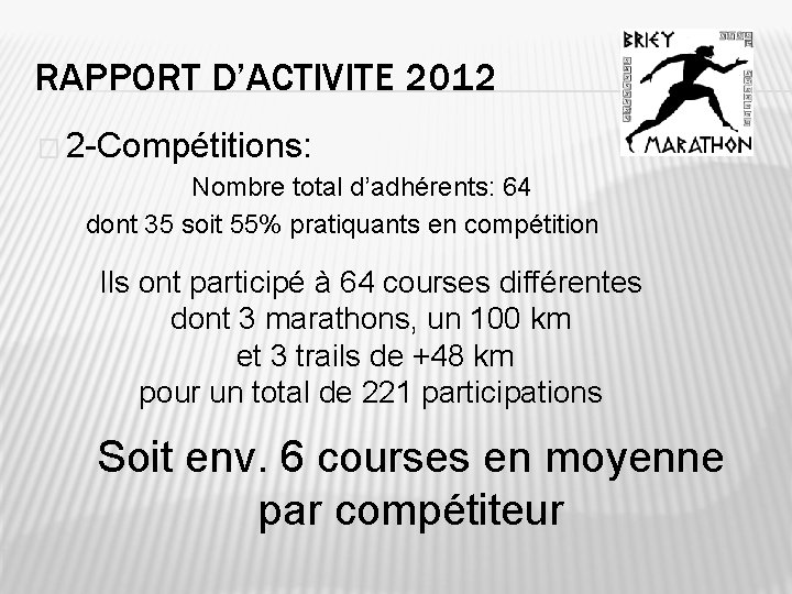 RAPPORT D’ACTIVITE 2012 � 2 -Compétitions: Nombre total d’adhérents: 64 dont 35 soit 55%